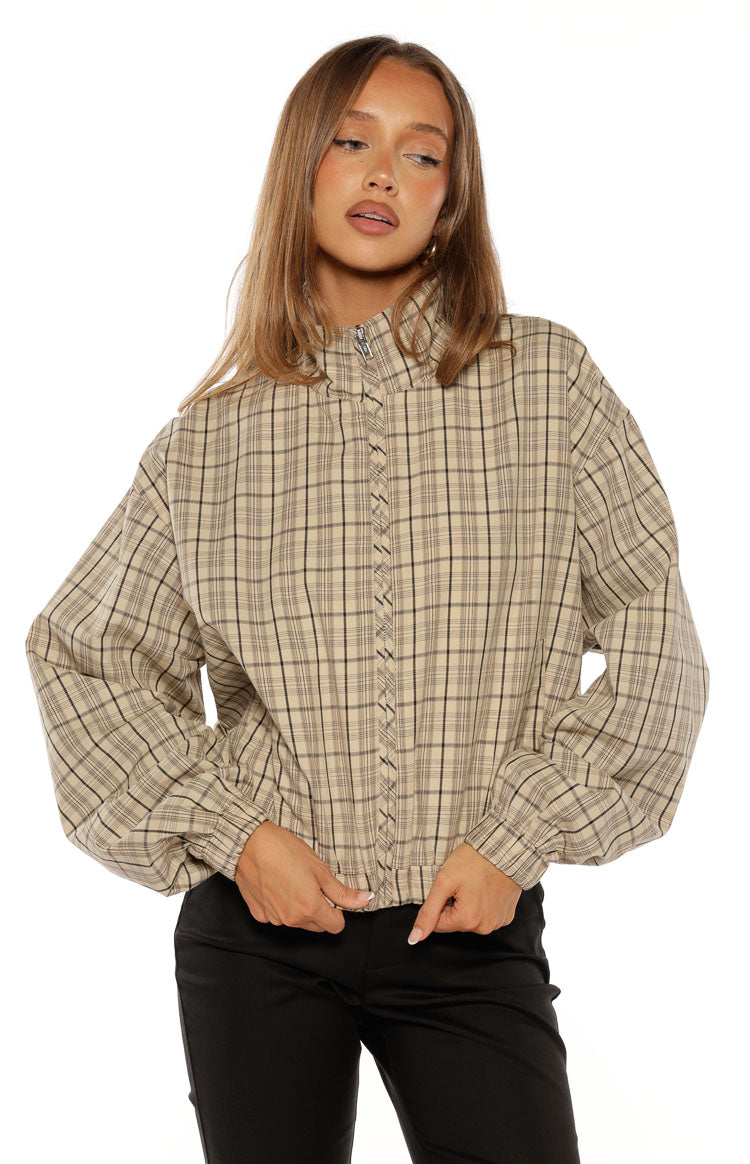 Lee Beige Plaid Funnel Neck Jacket - PRE ORDER Image
