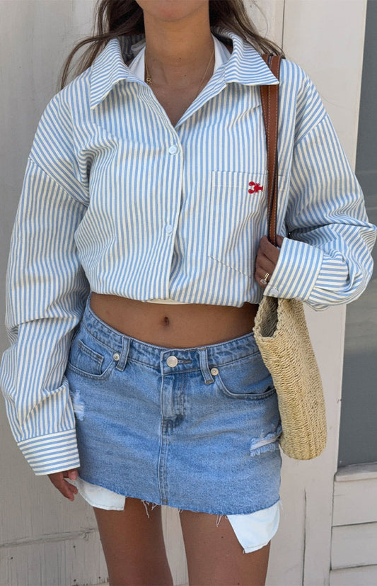 Lola Blue Stripe Embroidered Button Up Shirt