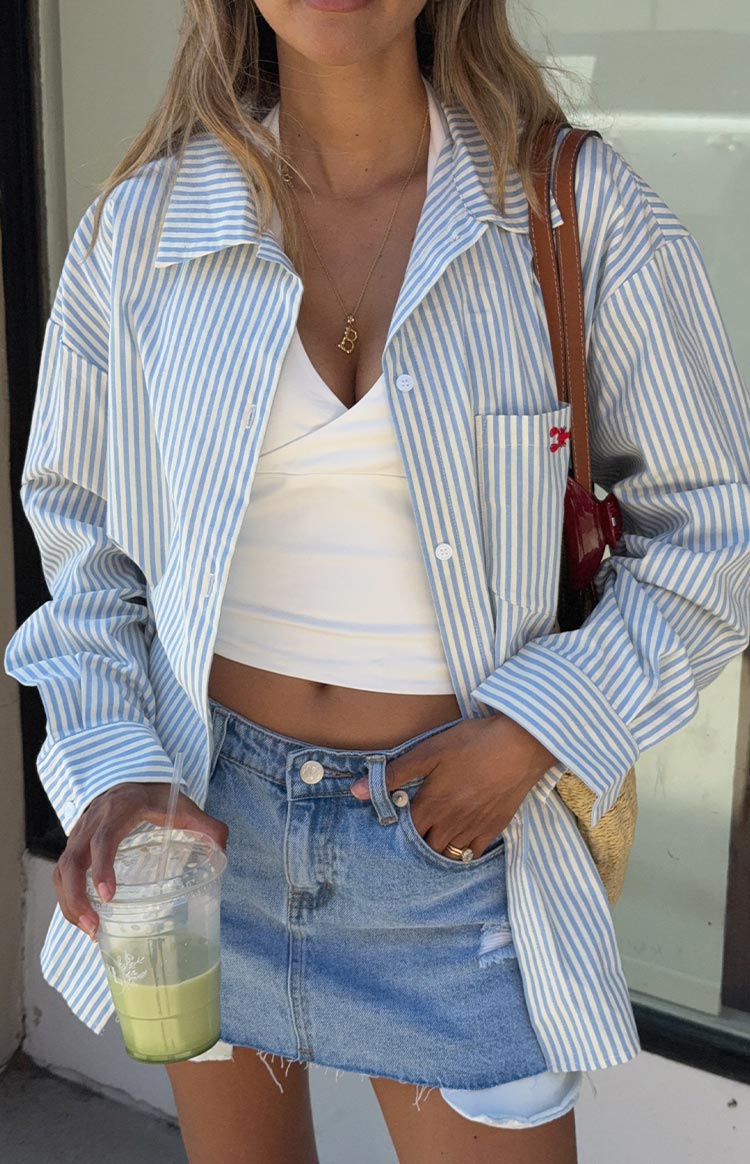 Lola Blue Stripe Embroidered Button Up Shirt Image