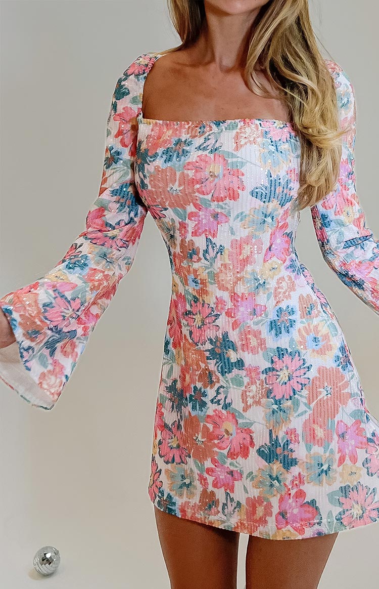 Marienne Pink Sequin Floral Print Mini Dress Image