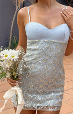 Marnia Blue Sequin Lace Satin Party Mini Dress Image
