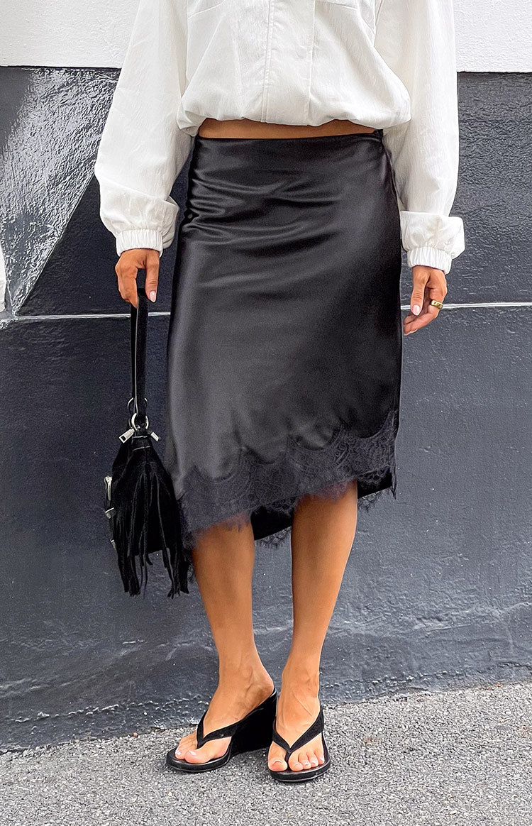 Martha Black Satin Lace Trim Midi Skirt Image
