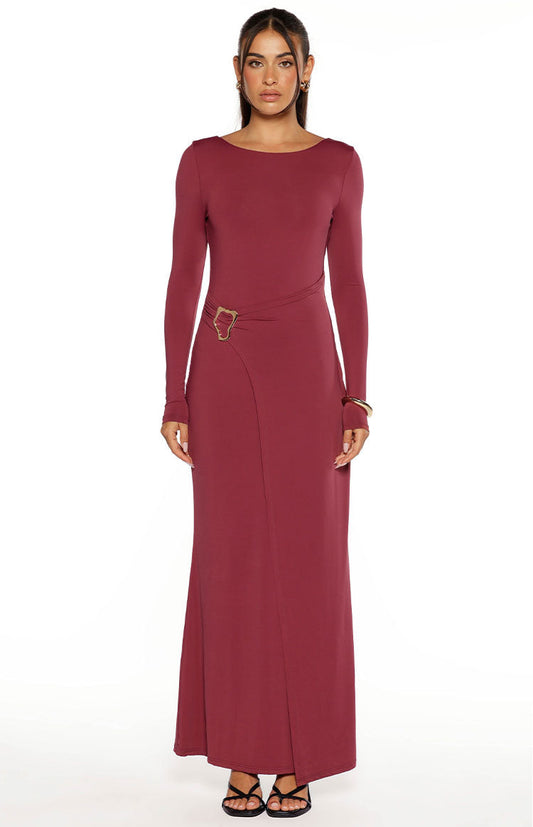 Misaki Burgundy Long Sleeve Wrap Maxi Dress