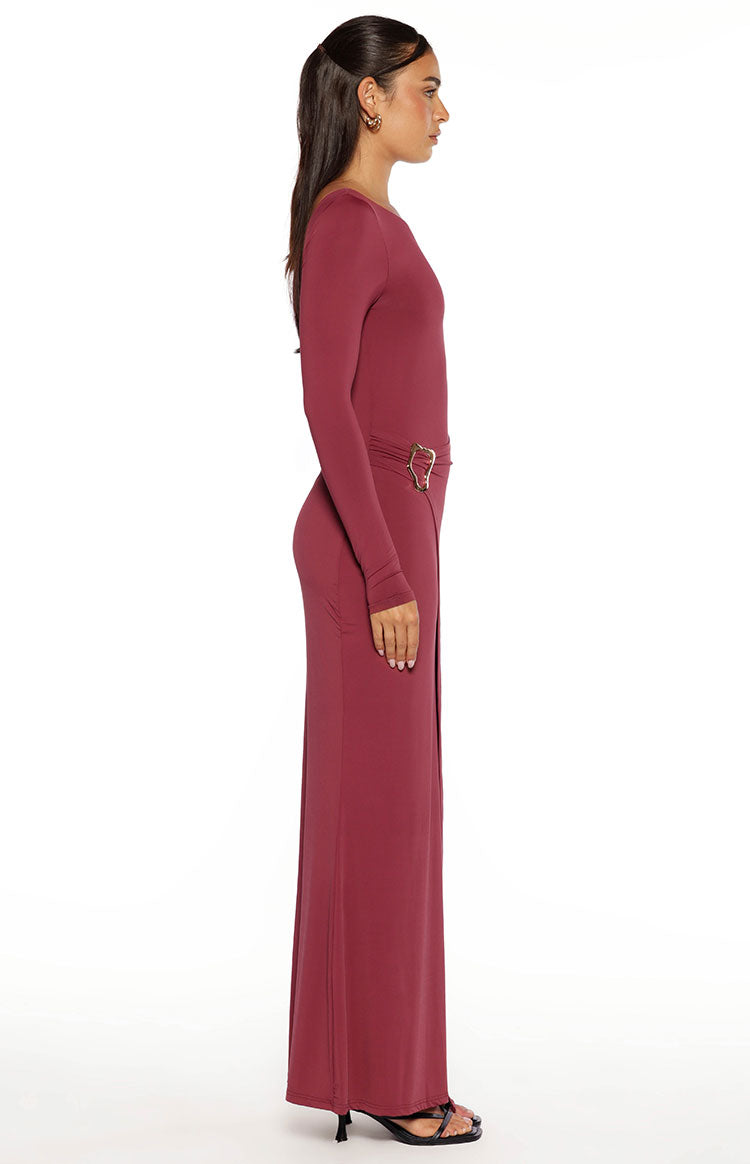Misaki Burgundy Long Sleeve Wrap Maxi Dress Image