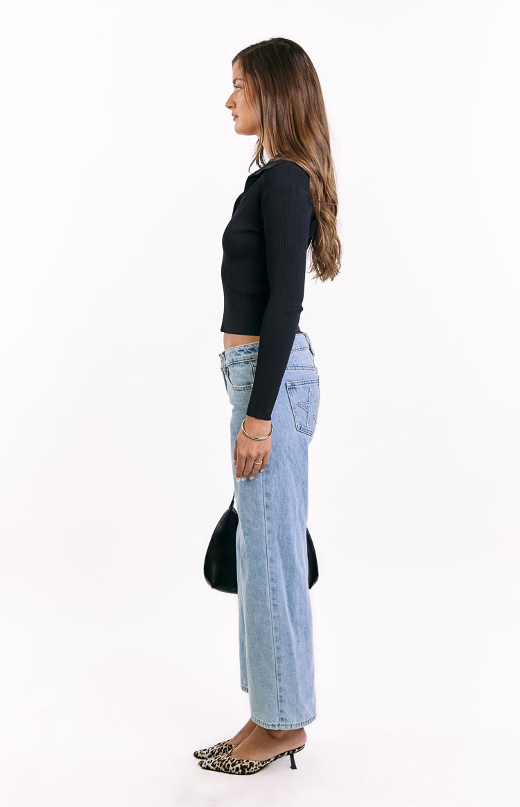 Nina Black Ribbed Knit Long Sleeve Sweater Image