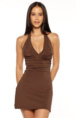 Oasis Brown Ruched Halter Neck Mini Dress Image