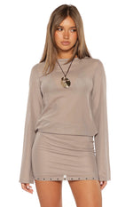 Obie Brown Sheer Mesh Stud Hem Mini Dress Image