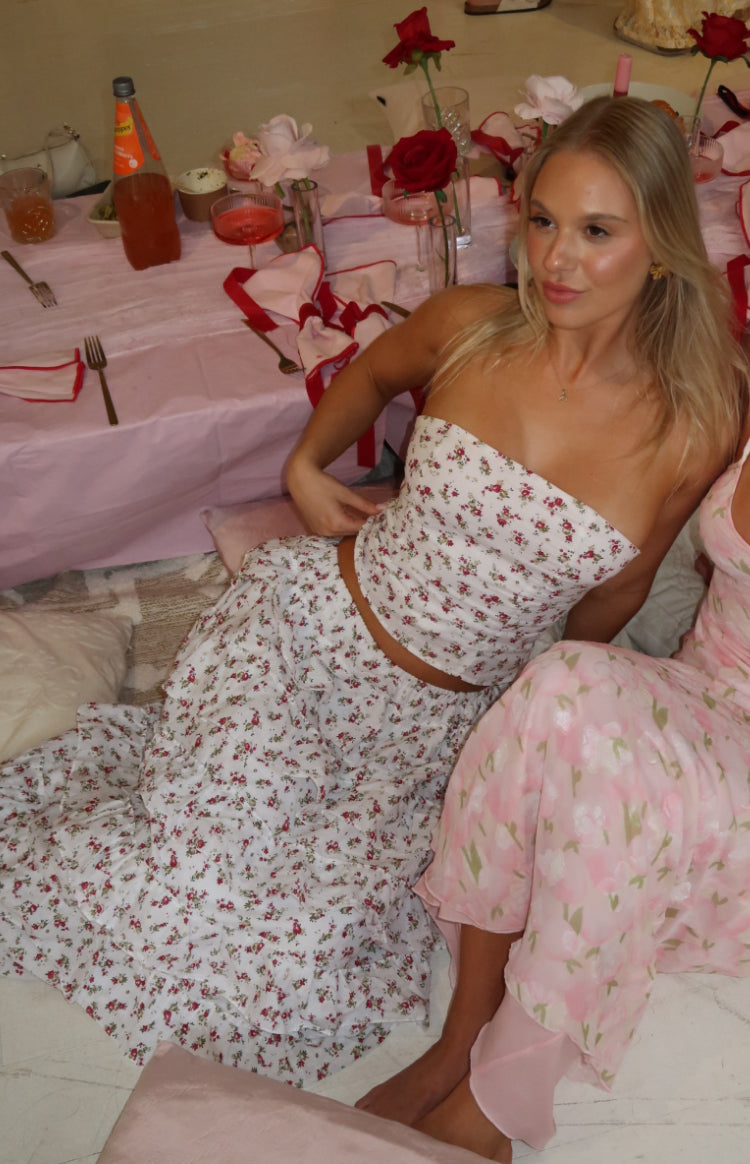 Paisley White Floral Ruffle Maxi Skirt Image