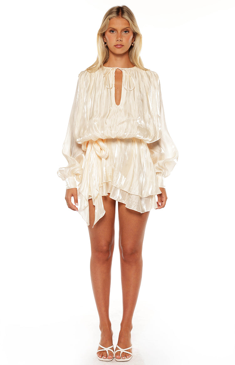 Quinton Pearl Satin Long Sleeve Tie Mini Dress Image