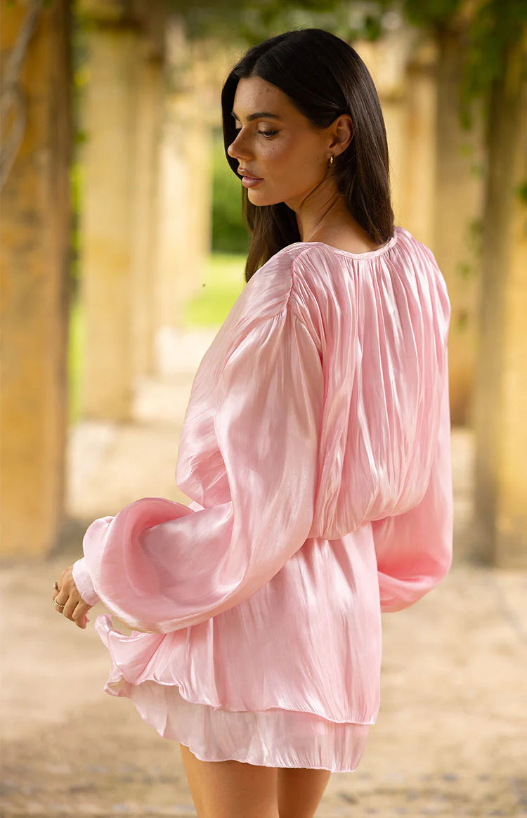 Quinton Pink Satin Long Sleeve Tie Mini Dress Image