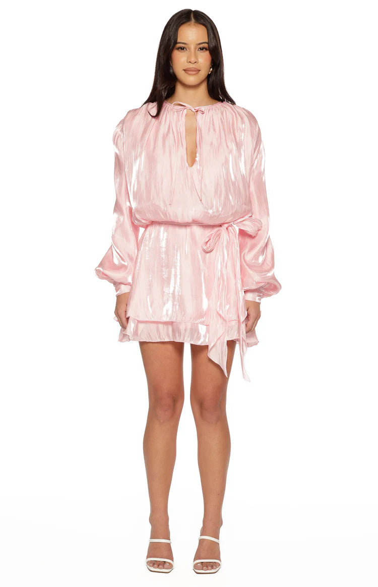 Quinton Pink Satin Long Sleeve Tie Mini Dress Image
