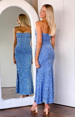 Rita Blue Sequin Strapless Maxi Dress Image