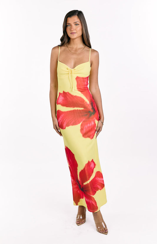 Rosalyn Red Hibiscus Print Maxi Dress