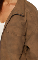 Sapna Brown Oversized Funnel Neck Suedette Jacket - PRE ORDER Image