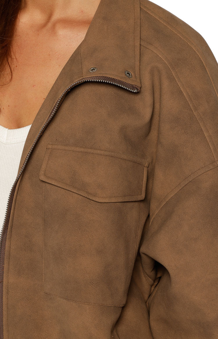 Sapna Brown Oversized Funnel Neck Suedette Jacket - PRE ORDER Image