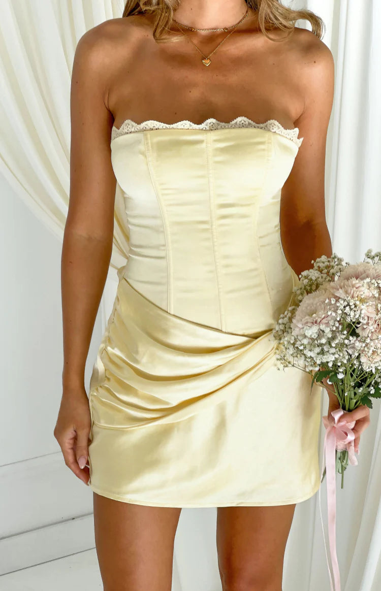 Sasha Yellow Ruched Twist Satin Mini Dress Image