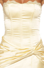 Sasha Yellow Ruched Twist Satin Maxi Dress Image