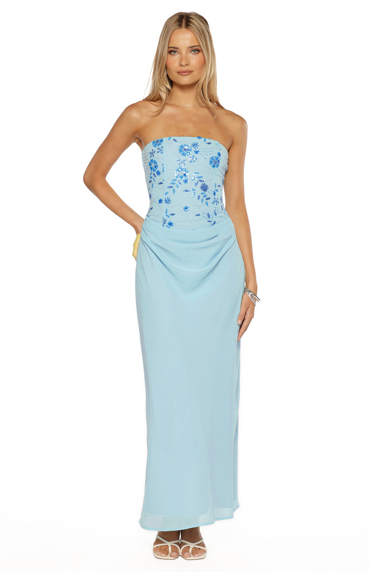 Serenity Blue Strapless Beaded Party Maxi Dress Image