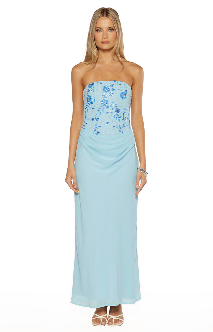 Serenity Blue Strapless Beaded Party Maxi Dress Image