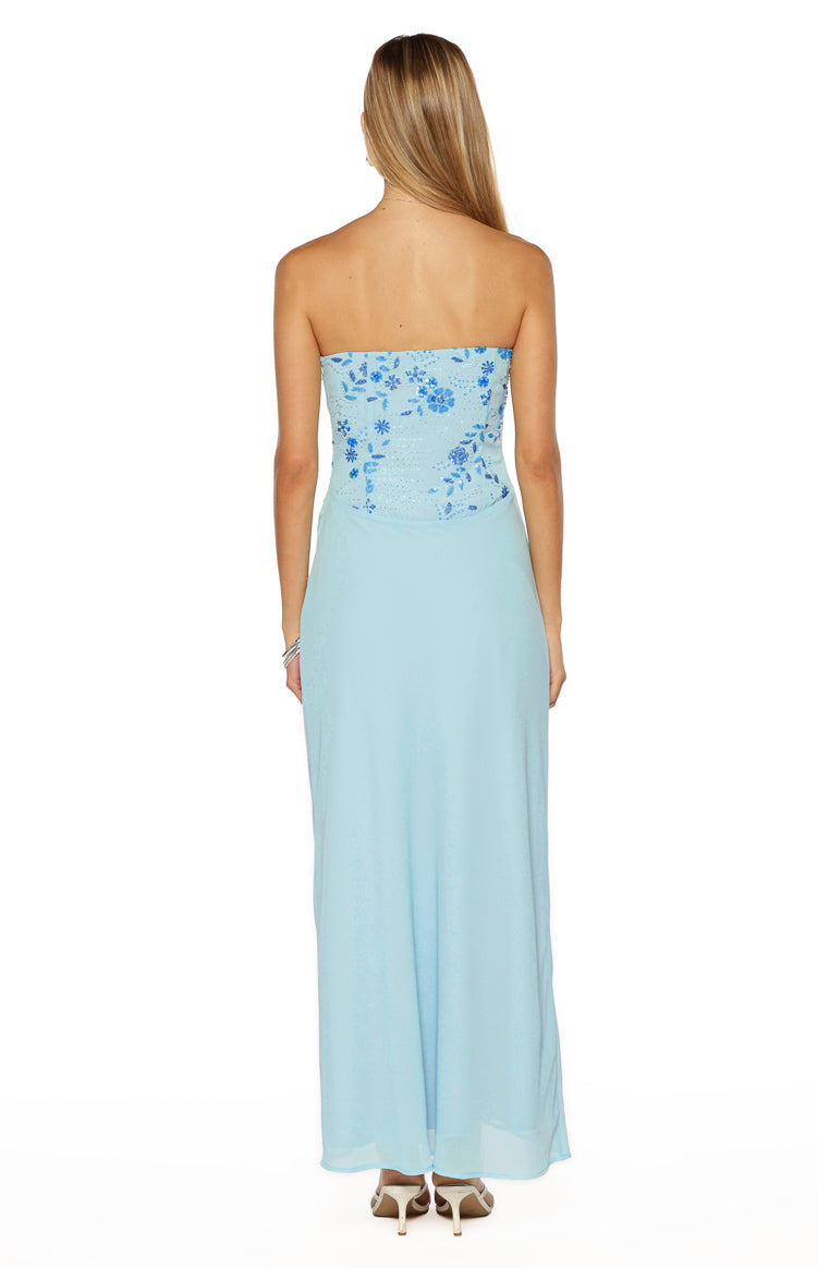 Serenity Blue Strapless Beaded Party Maxi Dress Image