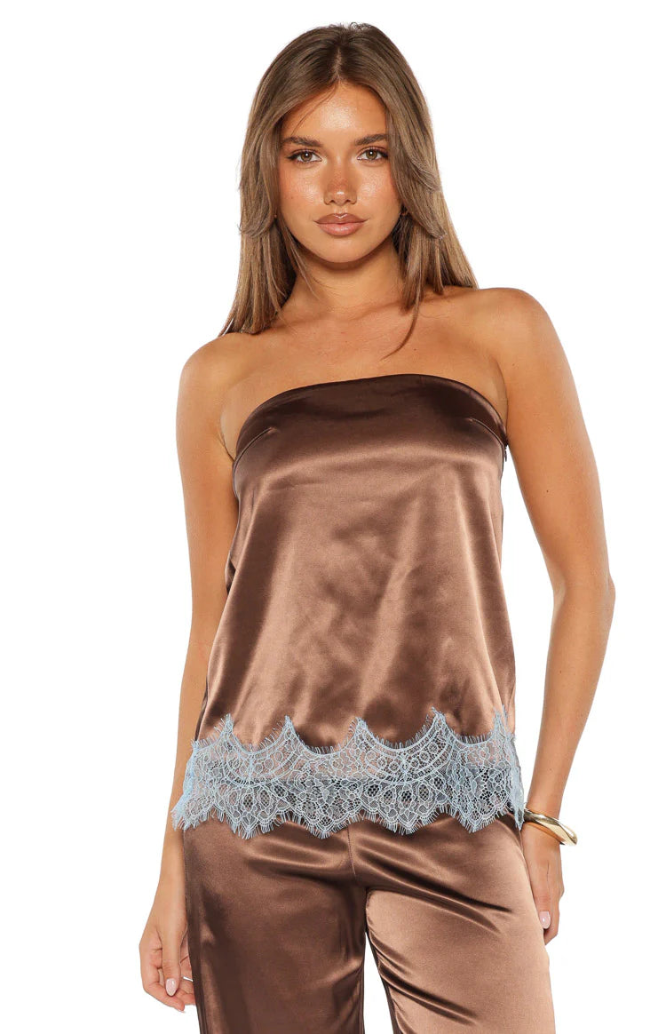 Shirley Brown Satin Lace Trim Strapless Top Image