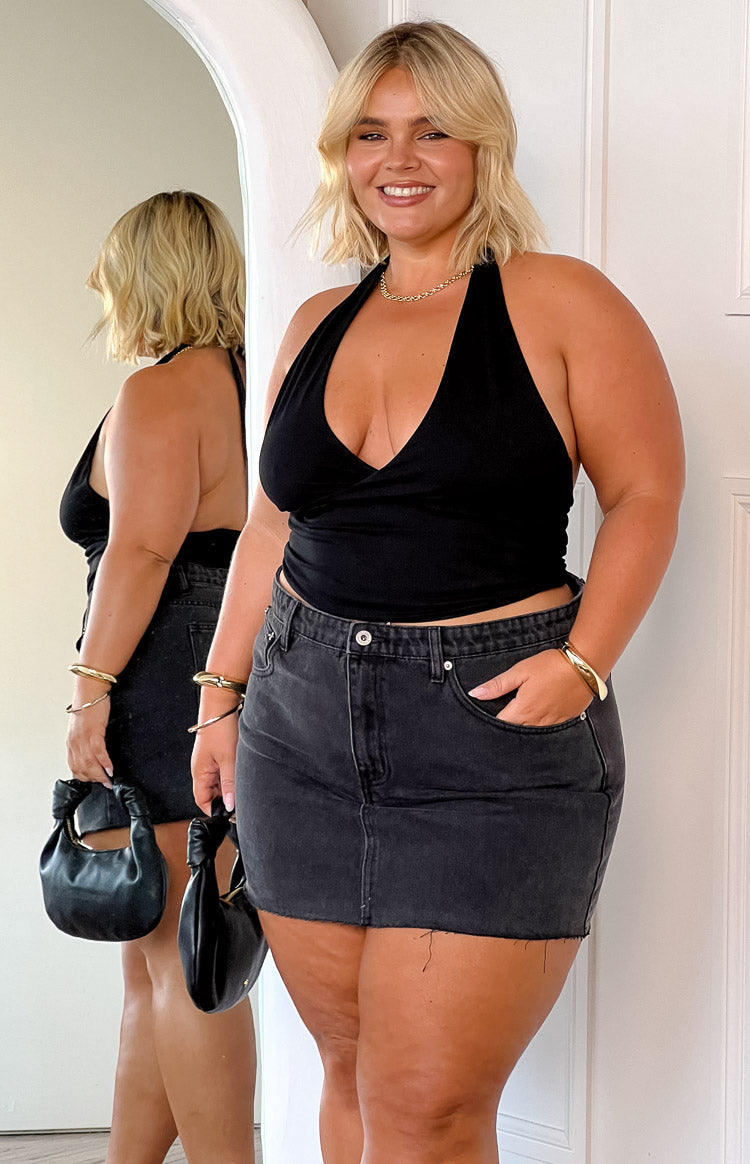Siletto Black Denim Low Rise Mini Skirt Image