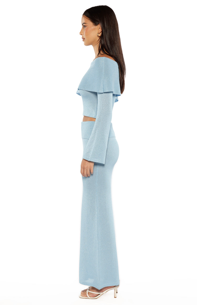 Simona Blue Long Sleeve Off Shoulder Knit Top Image