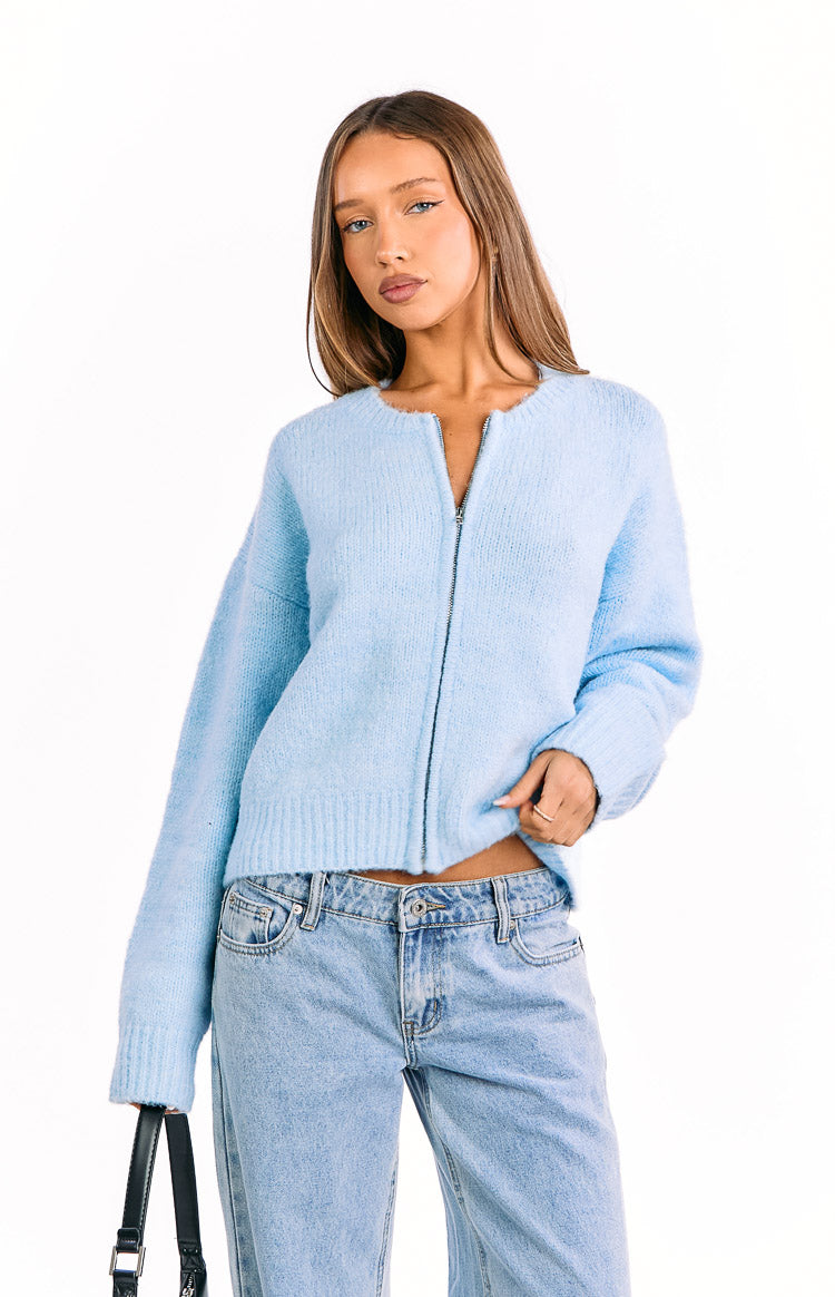 Stacey Light Blue Zip Knit Cardigan Image