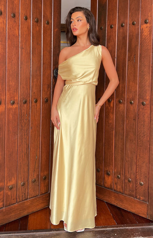 yellow satin one shoulder formal dress