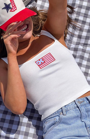 Beginning Boutique Suzie White USA Embroidered Tank Top white ribbed knit square neck tank top with embroidered USA flag patch