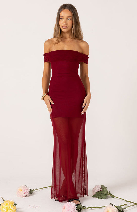 Tabitha Wine Off Shoulder Mesh Maxi Dress