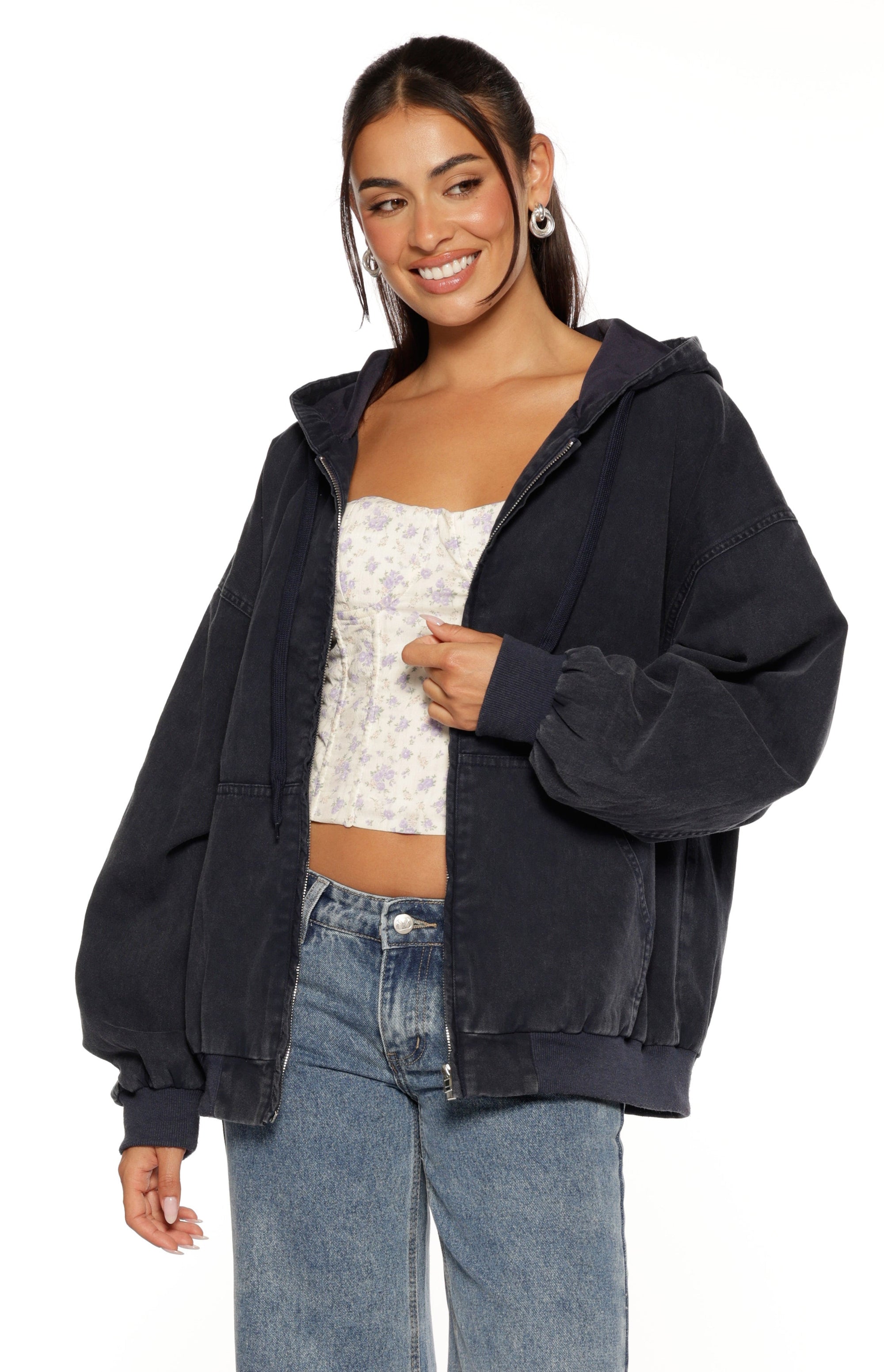Tate Washed Navy Oversized Hooded Jacket Image