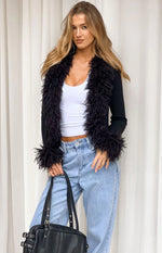 Violetta Black Fur Trim Knit Cardigan - PRE ORDER Image