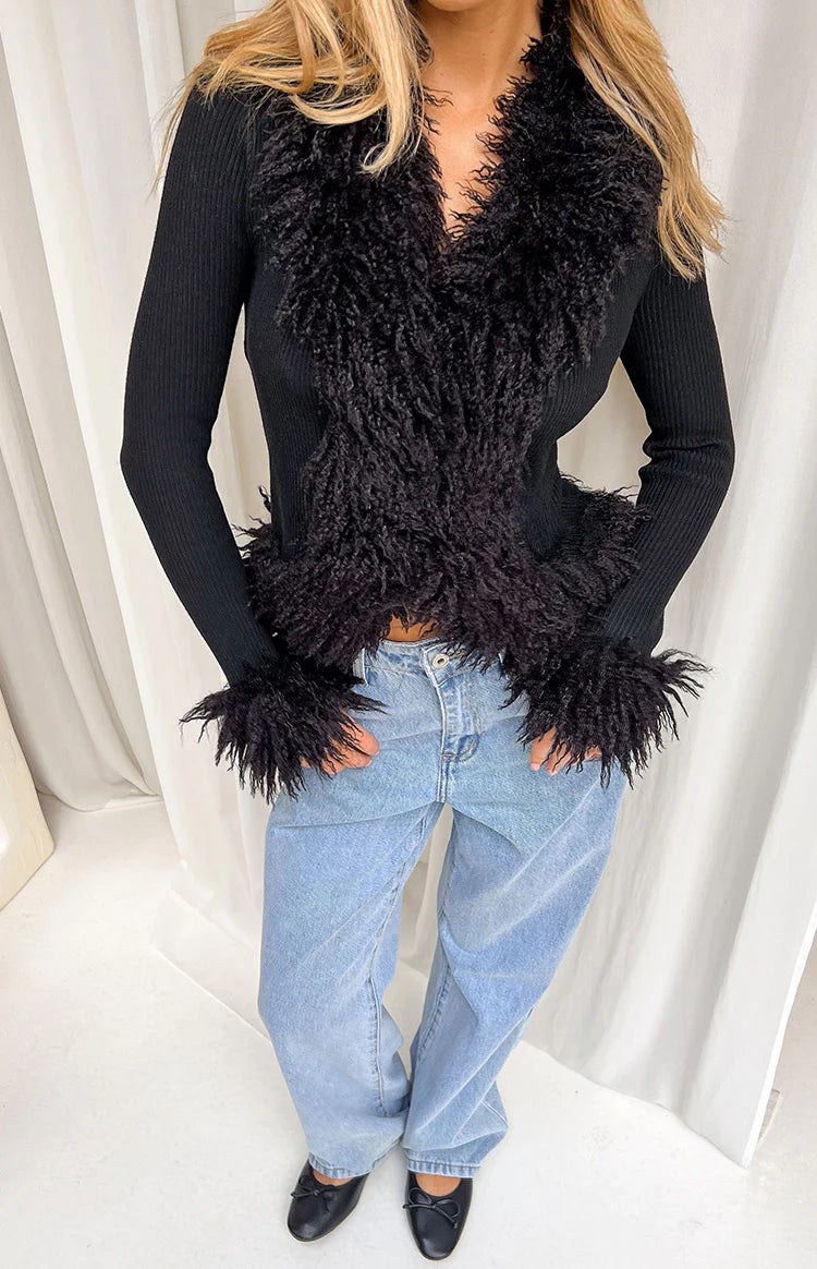 Violetta Black Fur Trim Knit Cardigan - PRE ORDER Image