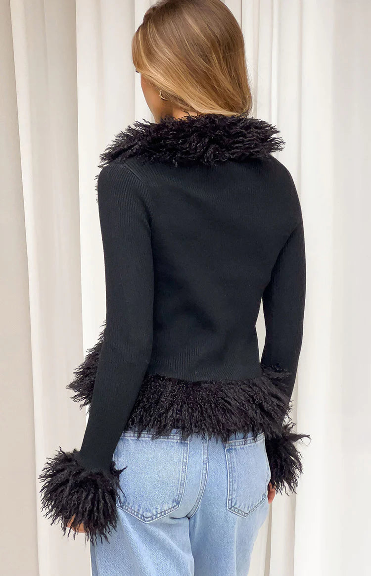 Violetta Black Fur Trim Knit Cardigan - PRE ORDER Image