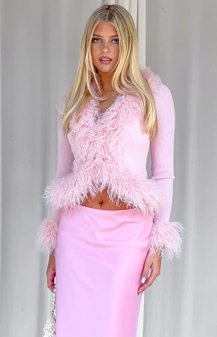 Violetta Pink Fur Trim Knit Cardigan Image