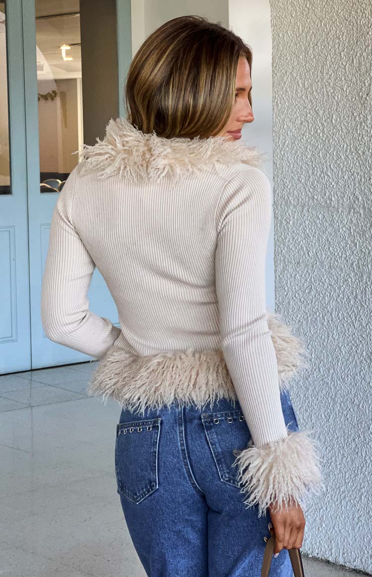 Violetta Beige Fur Trim Knit Cardigan - PRE ORDER Image