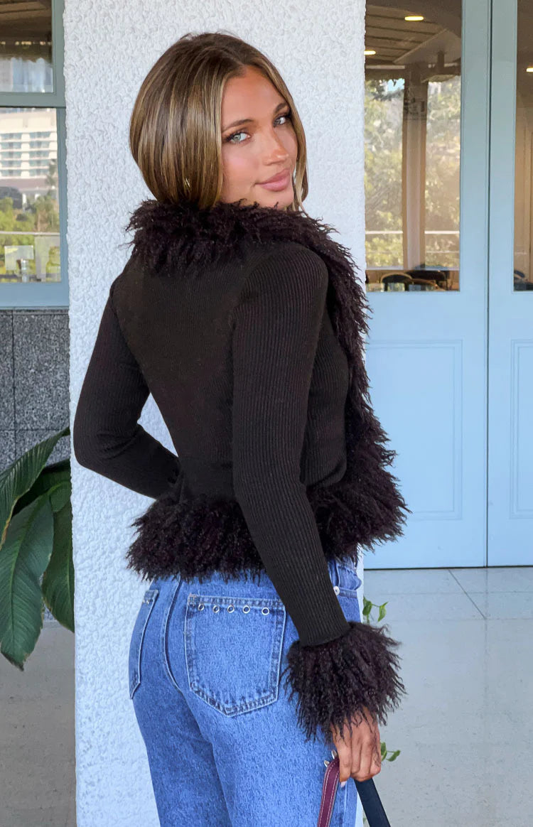 Violetta Chocolate Fur Trim Knit Cardigan - PRE ORDER Image