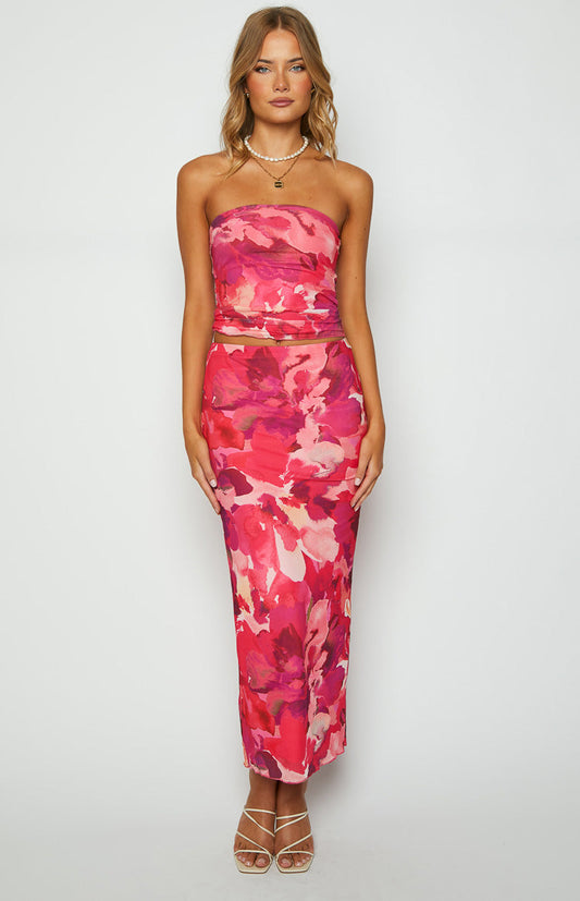 When in Rome Pink Print Mesh Maxi Skirt
