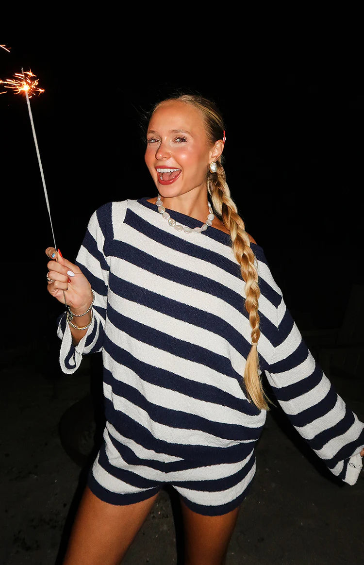 Willa Navy Stripe Off Shoulder Knit Sweater Image