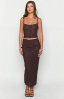 Beginning Boutique Willow Brown Lace Midi Skirt brown bodycon lace midi skirt