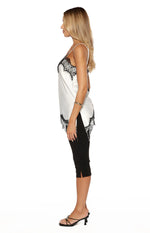 Ziva White Satin Lace Trim Asymmetrical Top Image