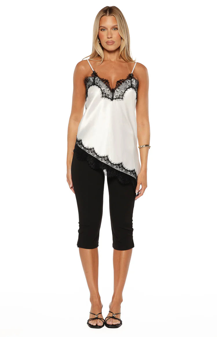 Ziva White Satin Lace Trim Asymmetrical Top Image