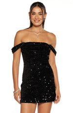 Zoella Black Velvet Sequin Off The Shoulder Mini Dress Image
