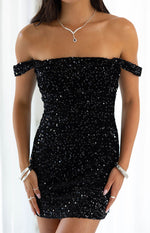 Zoella Black Velvet Sequin Off The Shoulder Mini Dress Image