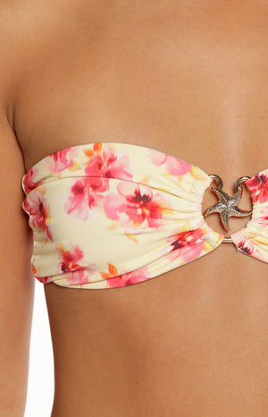 Aquelle Yellow and Pink Floral Print Strapless Bikini Top