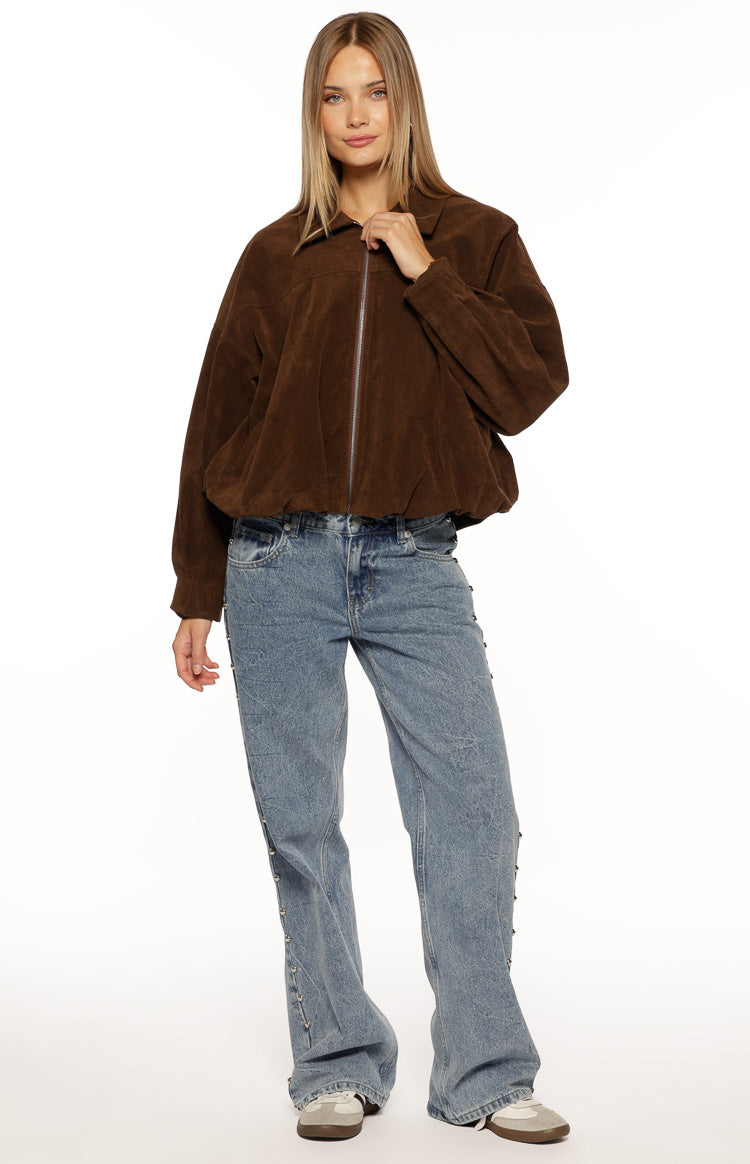 Charli Mid Wash Denim Studded Low Waist Baggy Leg Jeans Image