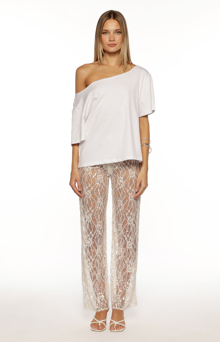 Dani White Sequin Lace Sheer Pants Image