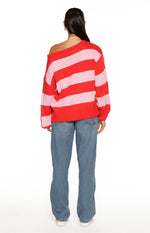 Finley Red and Pink Stripe Off Shoulder Knit Sweater Image