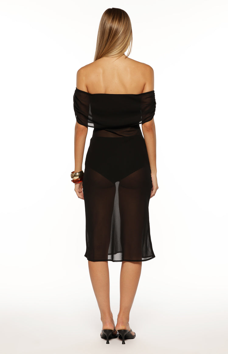 July Black Sheer Off the Shoulder Midi Dress Image